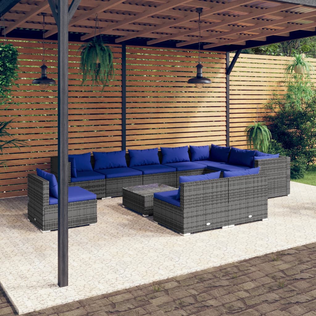 vidaXL 11 pcs conjunto lounge de jardim c/ almofadões vime PE cinzento