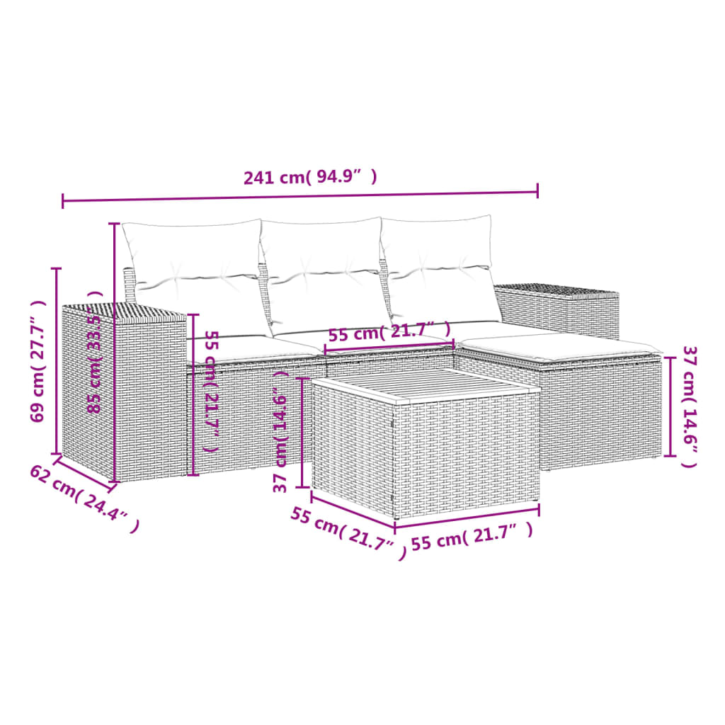 vidaXL 5 pcs conjunto de sofás p/ jardim com almofadões vime PE bege