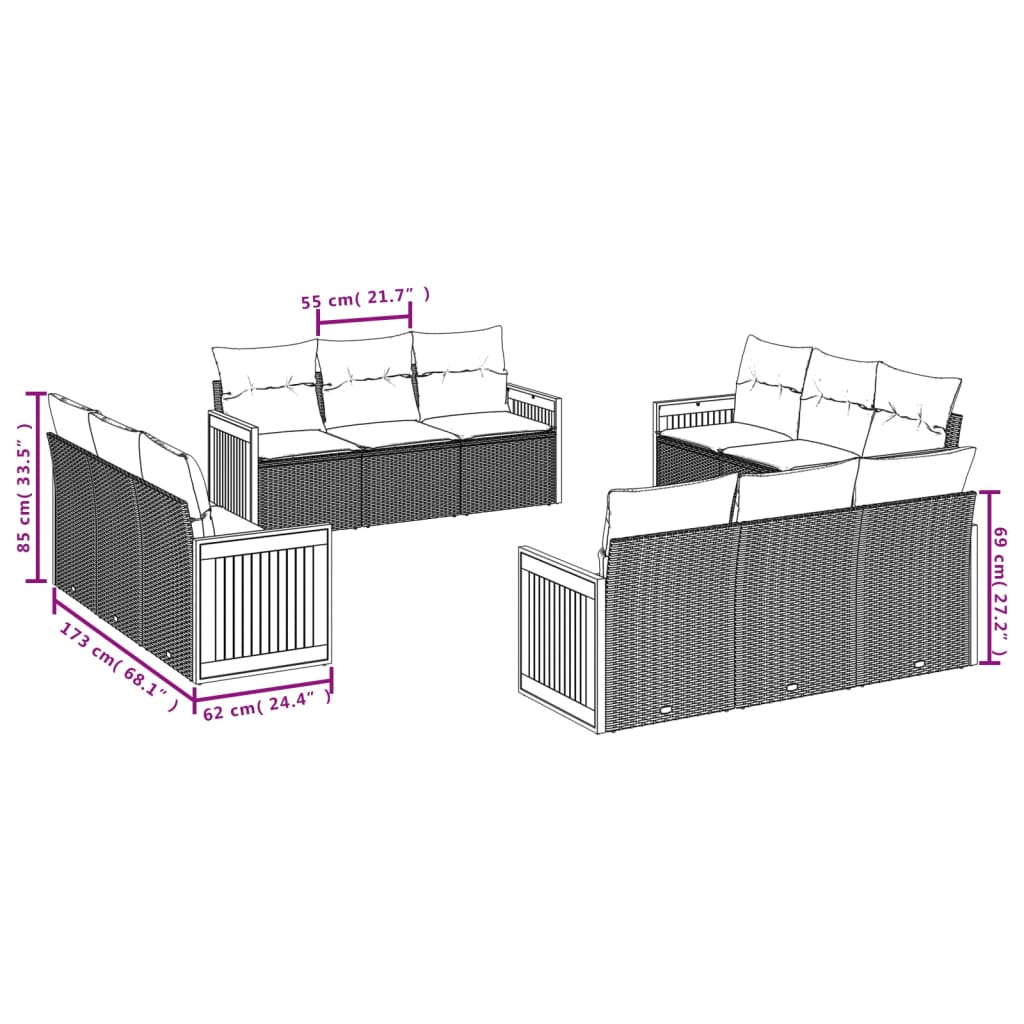 vidaXL 12 pcs conjunto de sofás de jardim c/ almofadões vime PE preto