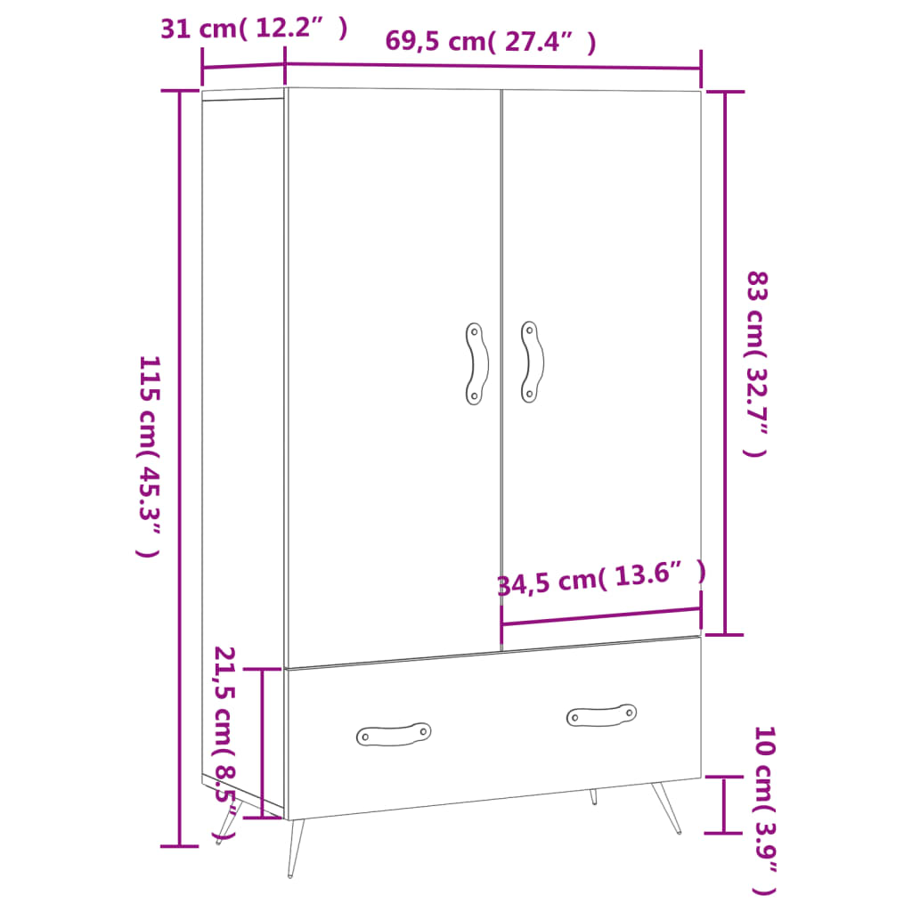 vidaXL Aparador alto 69,5x31x115 cm derivados de madeira branco