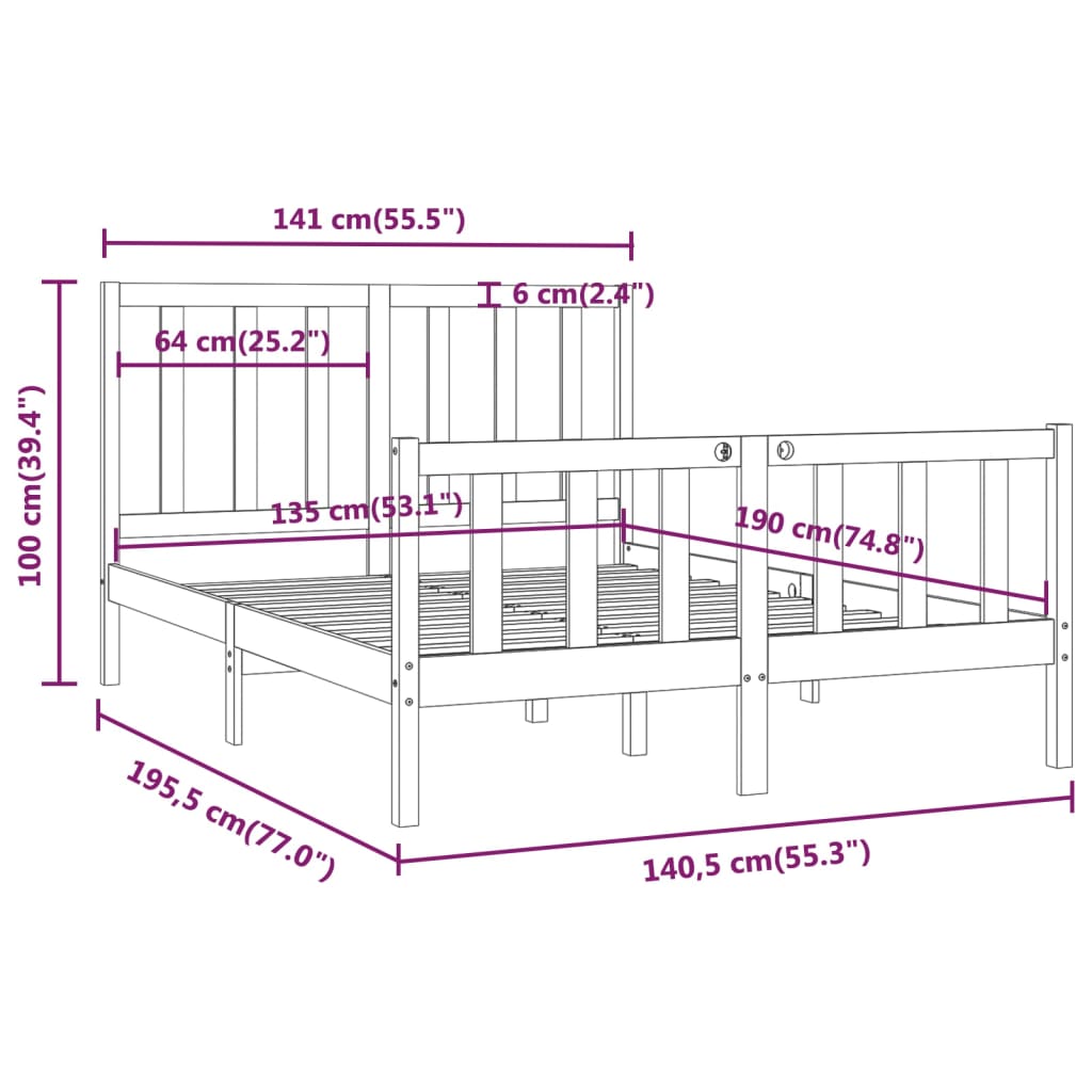 vidaXL Estrutura de cama casal 135x190 cm madeira maciça preto