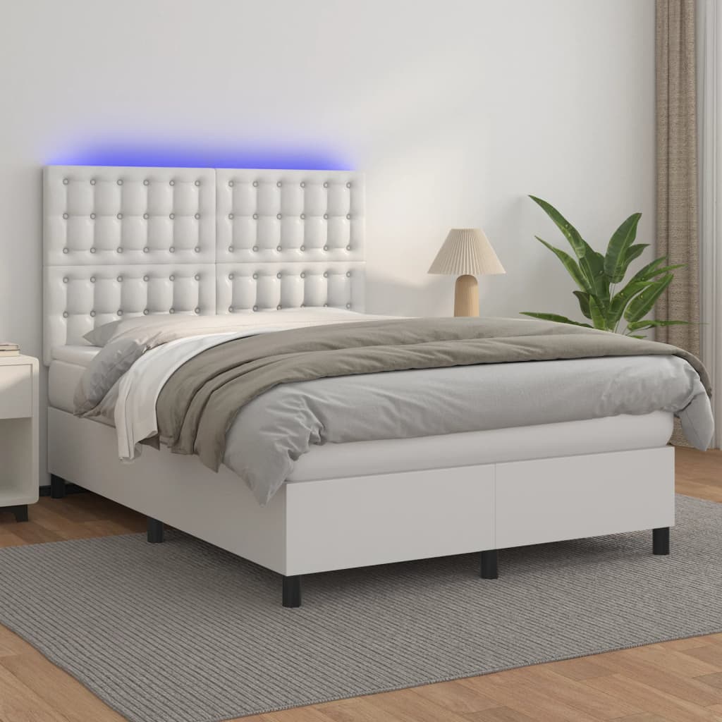 vidaXL Cama box spring c/colchão/LED 140x200cm couro artificial branco