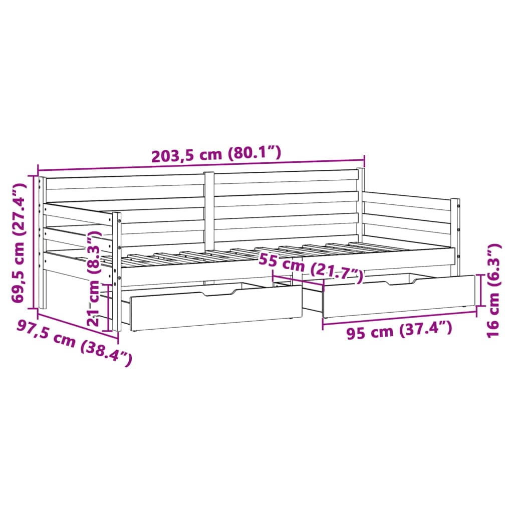 vidaXL Sofá-cama com gavetas 90x200 cm madeira de pinho maciça