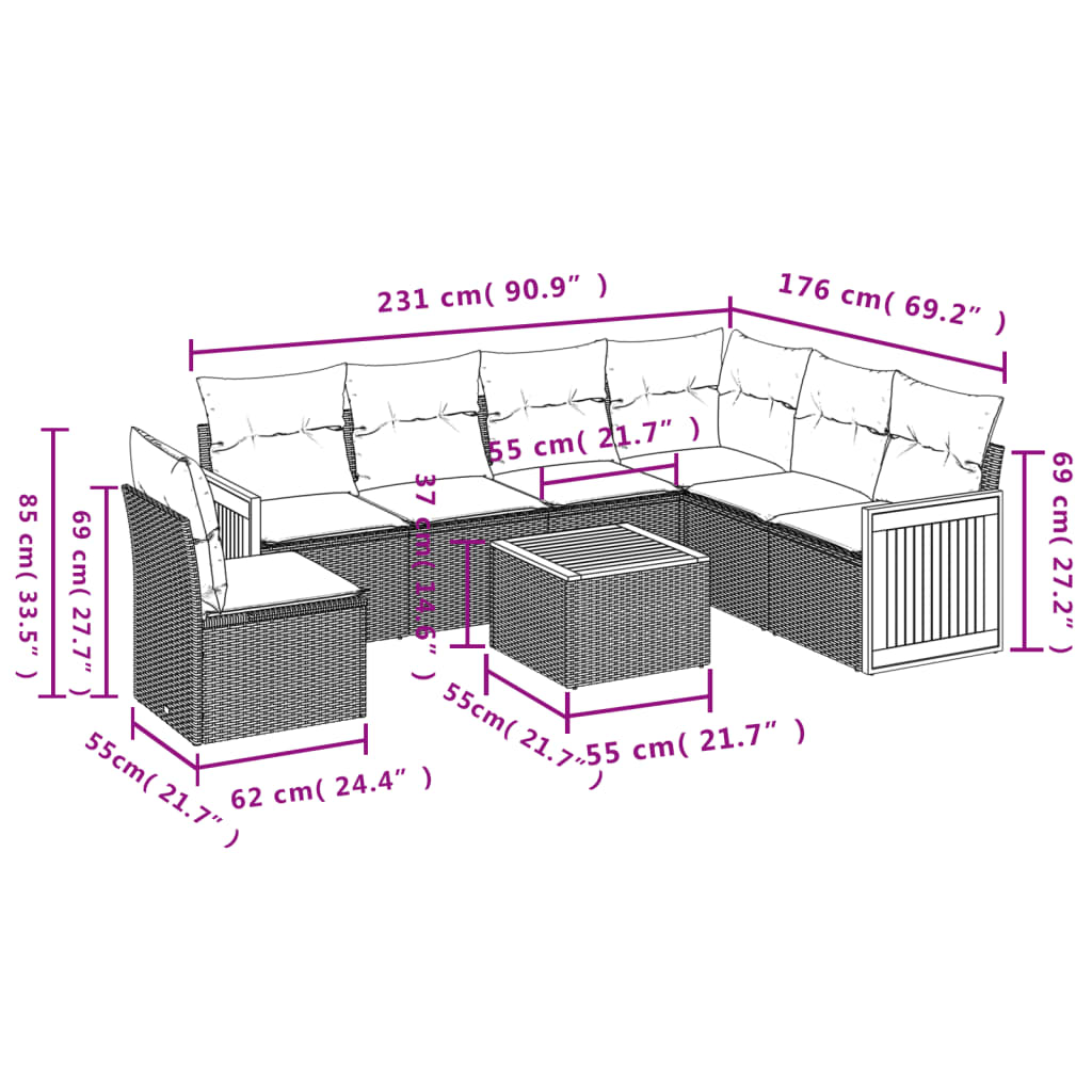 vidaXL 7 pcs conjunto de sofás p/ jardim com almofadões vime PE bege