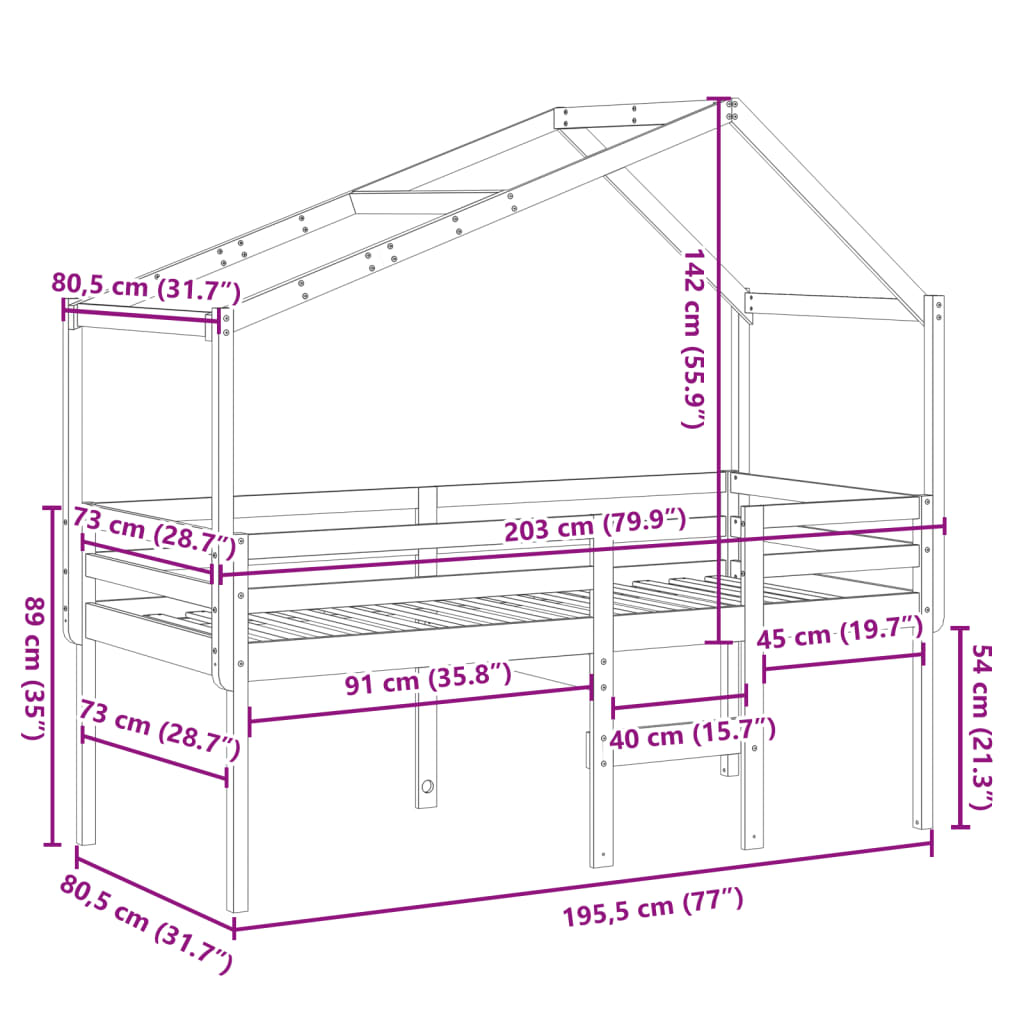 vidaXL Cama alta com telhado 75x190 cm pinho maciço