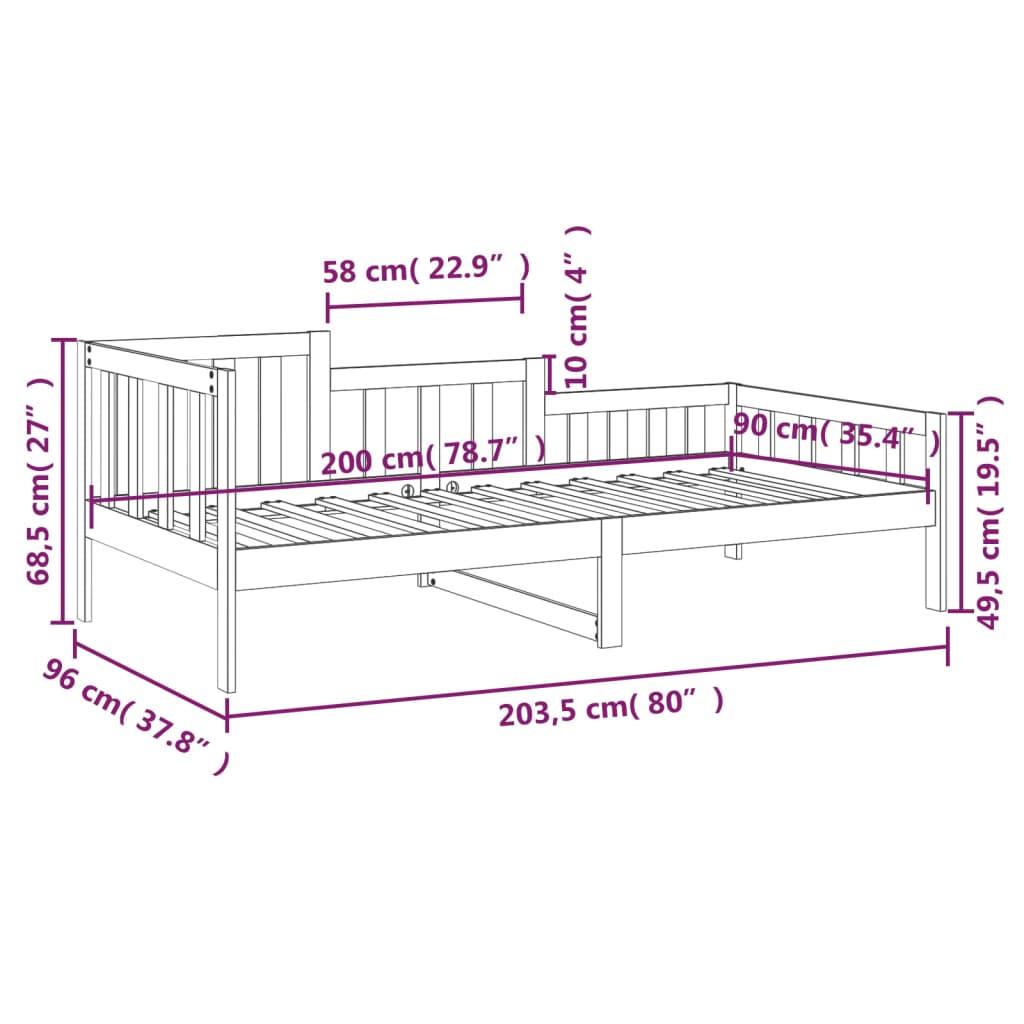 vidaXL Sofá-cama 90 x 200 cm madeira de pinho maciça preto