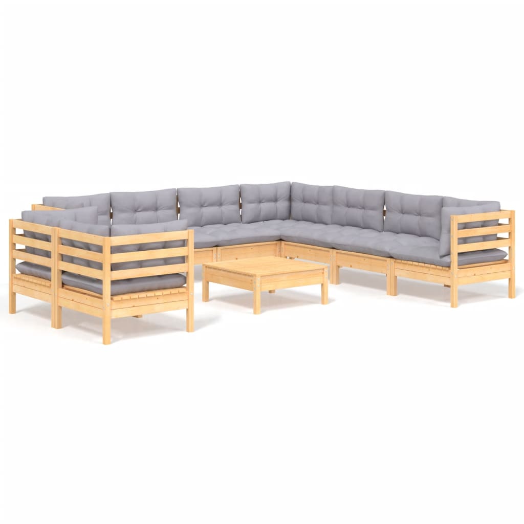 vidaXL 10pcs conjunto lounge de jardim + almofadões cinza pinho maciço