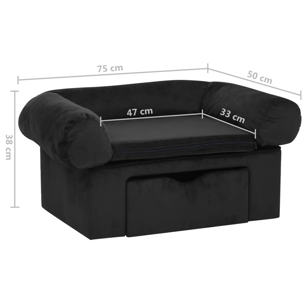 vidaXL Sofá para cães com gaveta 75x50x38 cm pelúcia preto