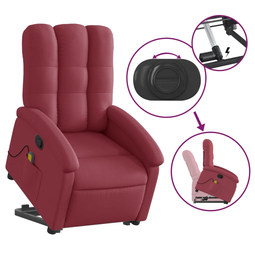 vidaXL Poltrona de massagens reclin. elevatória tecido vermelho tinto