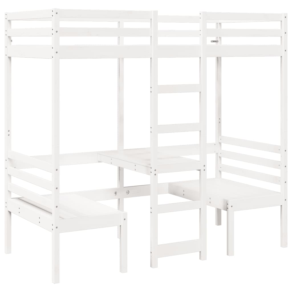 vidaXL Cama alta c/ secretária/cadeiras 75x190 cm pinho maciço branco