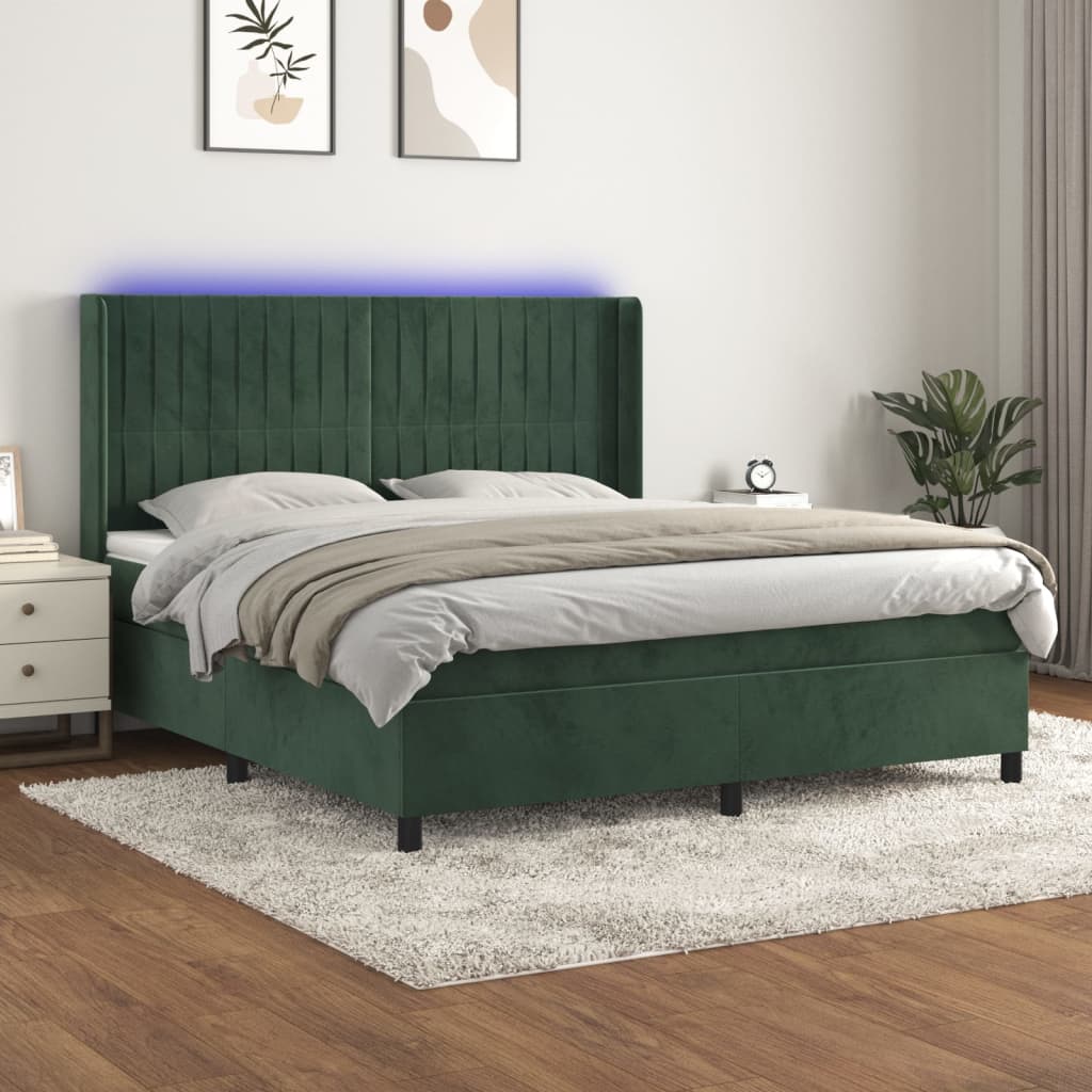 vidaXL Cama box spring c/ colchão/LED 160x200 cm veludo verde-escuro