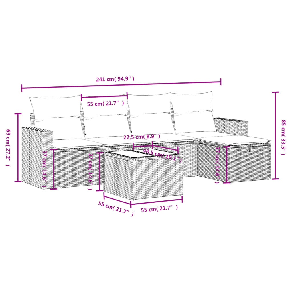 vidaXL 6 pcs conjunto sofás de jardim c/ almofadões vime PE preto