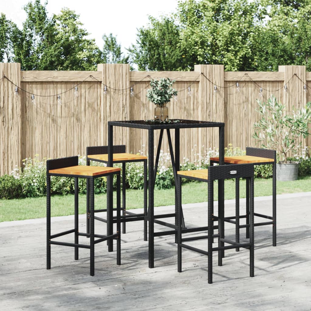 vidaXL 5 pcs conjunto de bar p/ jardim vime PE/acácia maciça preto