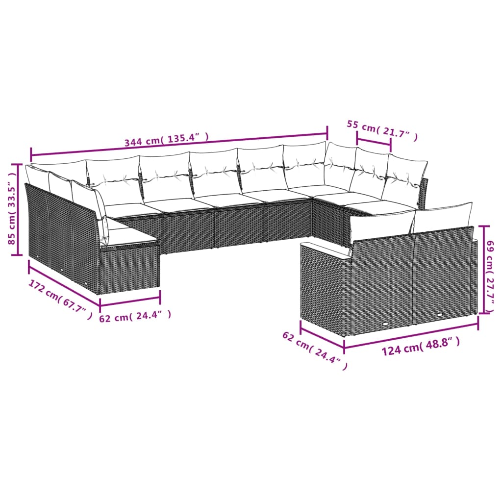 vidaXL 7 pcs conjunto de sofás p/ jardim com almofadões vime PE bege