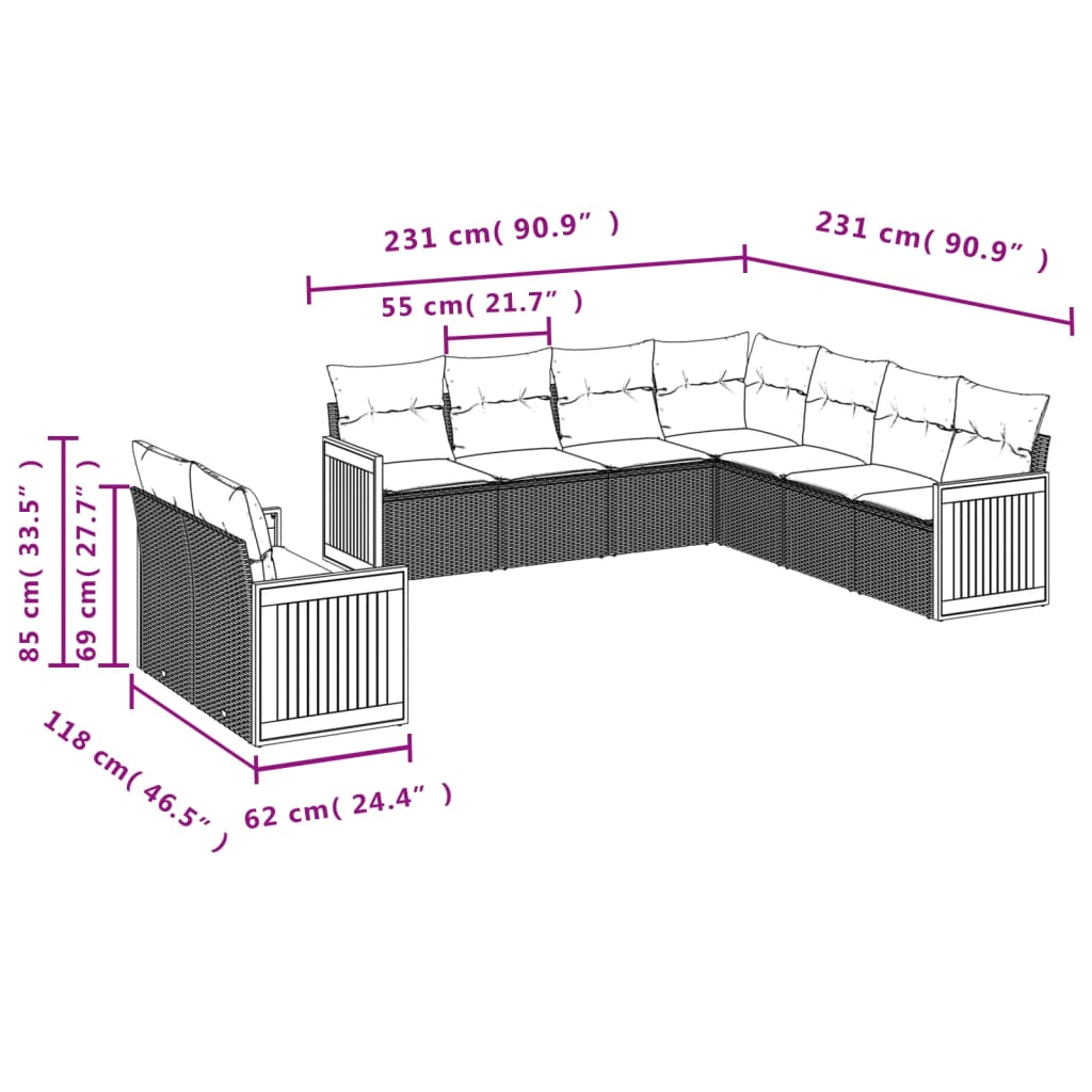 vidaXL 9 pcs conjunto sofás p/ jardim com almofadões vime PE cinzento