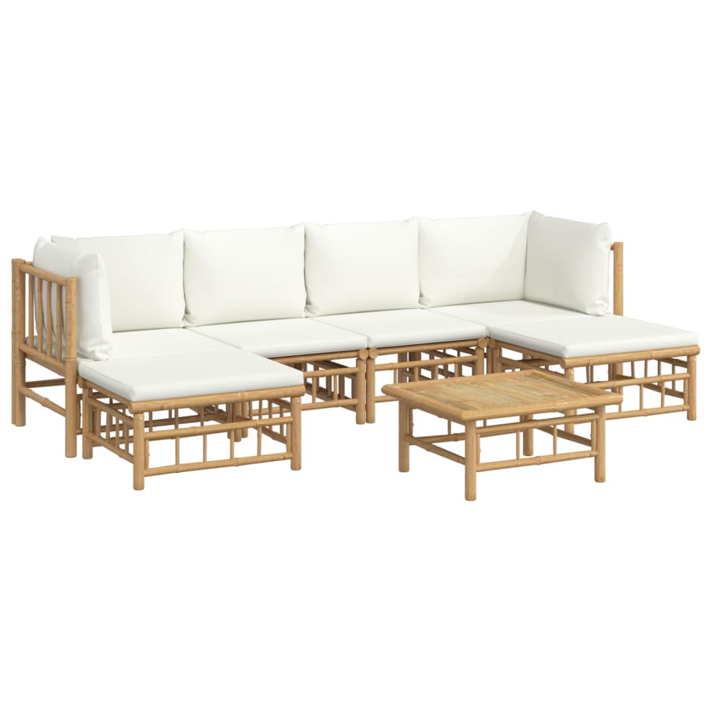 vidaXL 7 pcs conjunto lounge de jardim bambu c/ almofadões branco nata