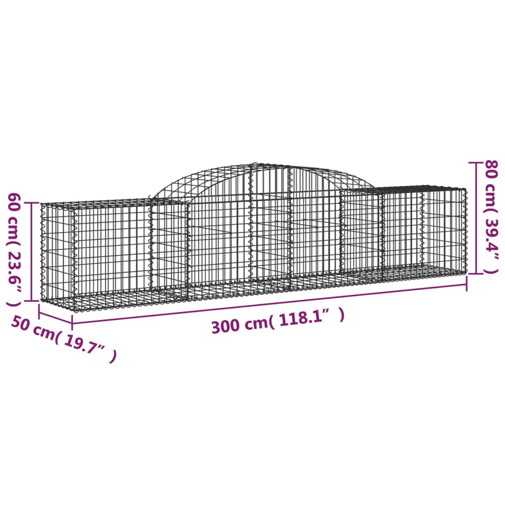 vidaXL Cestos gabião arqueados 7 pcs 300x50x60/80 cm ferro galvanizado