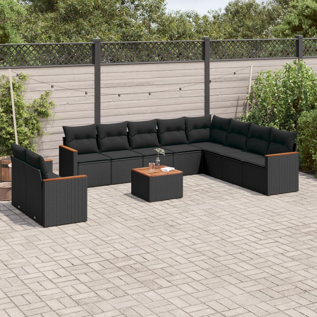 vidaXL 11 pcs conjunto sofás de jardim c/ almofadões vime PE preto