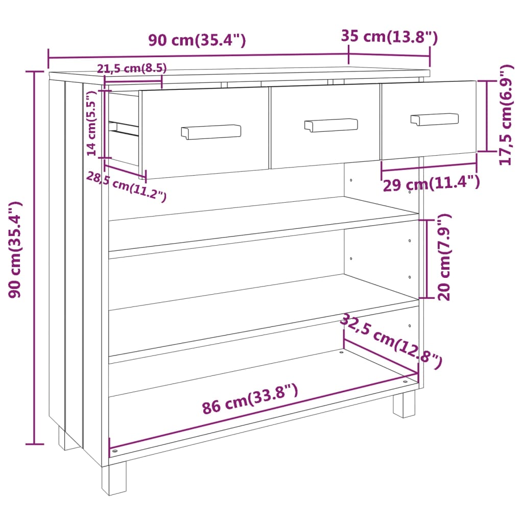 vidaXL Mesa consola HAMAR 90x35x90 cm pinho maciço cinza-claro