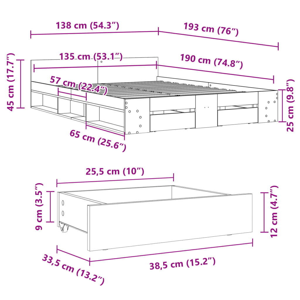 vidaXL Estrutura de cama c/ gavetas 135x190 cm derivados madeira preto