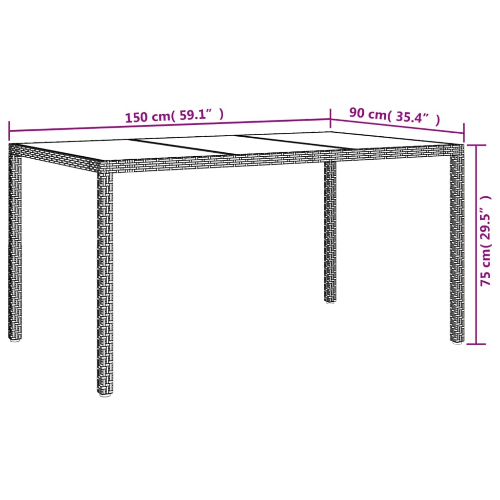 vidaXL Mesa de jardim 150x90x75 cm vidro temperado e vime PE castanho