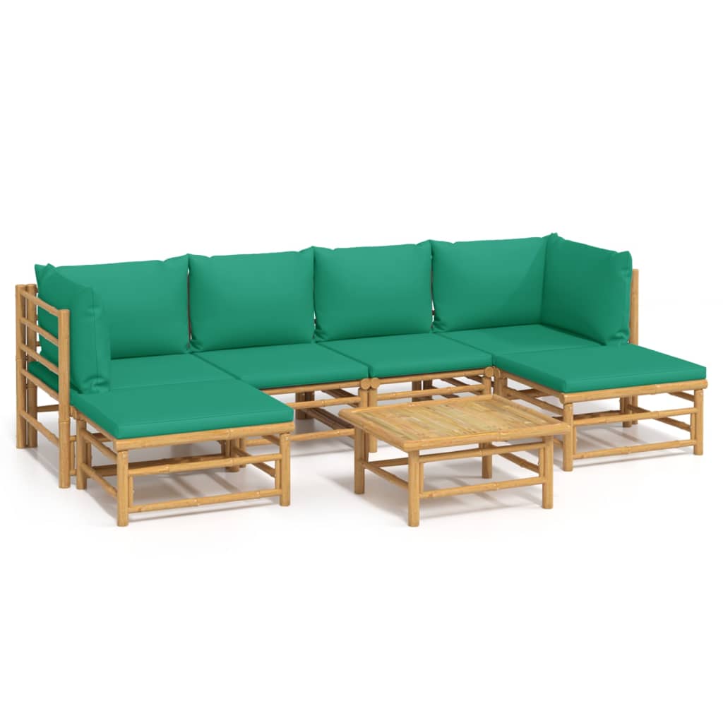 vidaXL 7 pcs conjunto lounge de jardim bambu c/ almofadões verdes