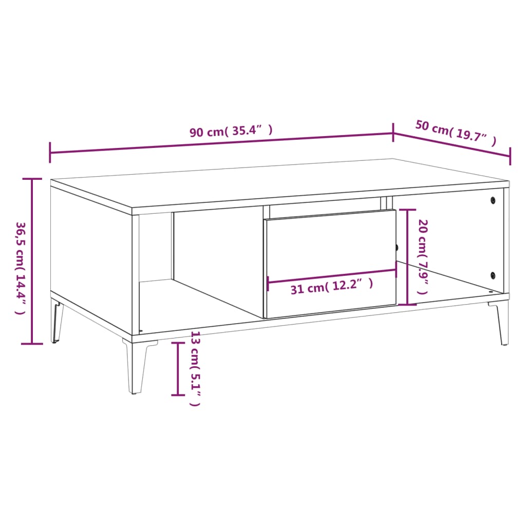 vidaXL Mesa de centro 90x50x36,5 cm derivados madeira carvalho sonoma