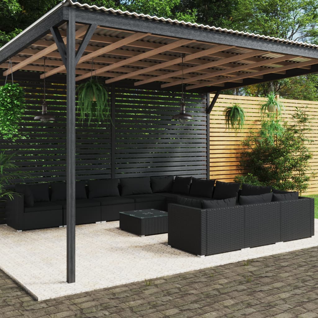 vidaXL 12 pcs conjunto lounge de jardim c/ almofadões vime PE preto