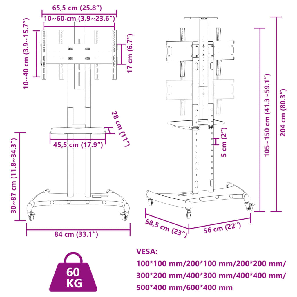 vidaXL Suporte de TV c/ rodas ecrãs de 32-70" Max VESA 600x400mm 60kg