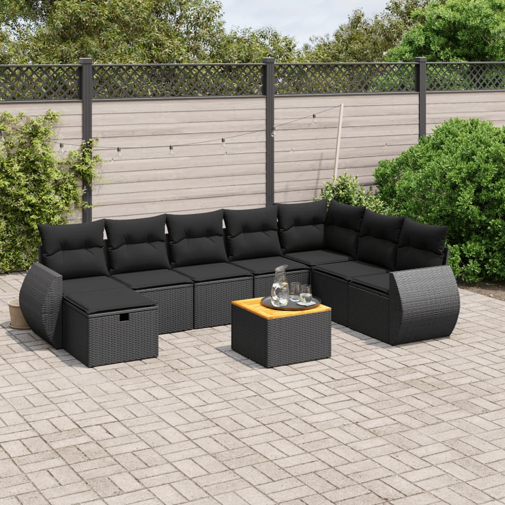 vidaXL 9 pcs conjunto de sofás p/ jardim c/ almofadões vime PE preto