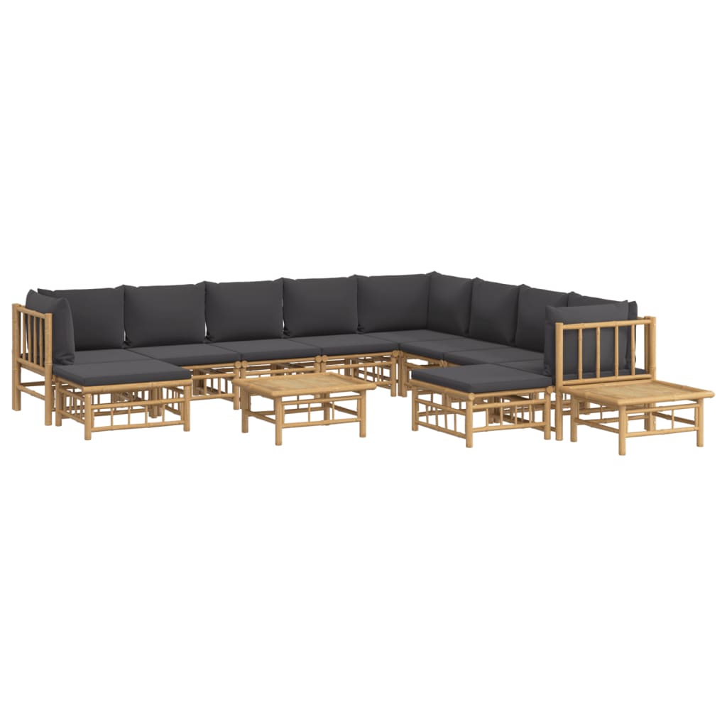 vidaXL 12pcs conj. lounge de jardim bambu c/ almofadões cinza-escuro