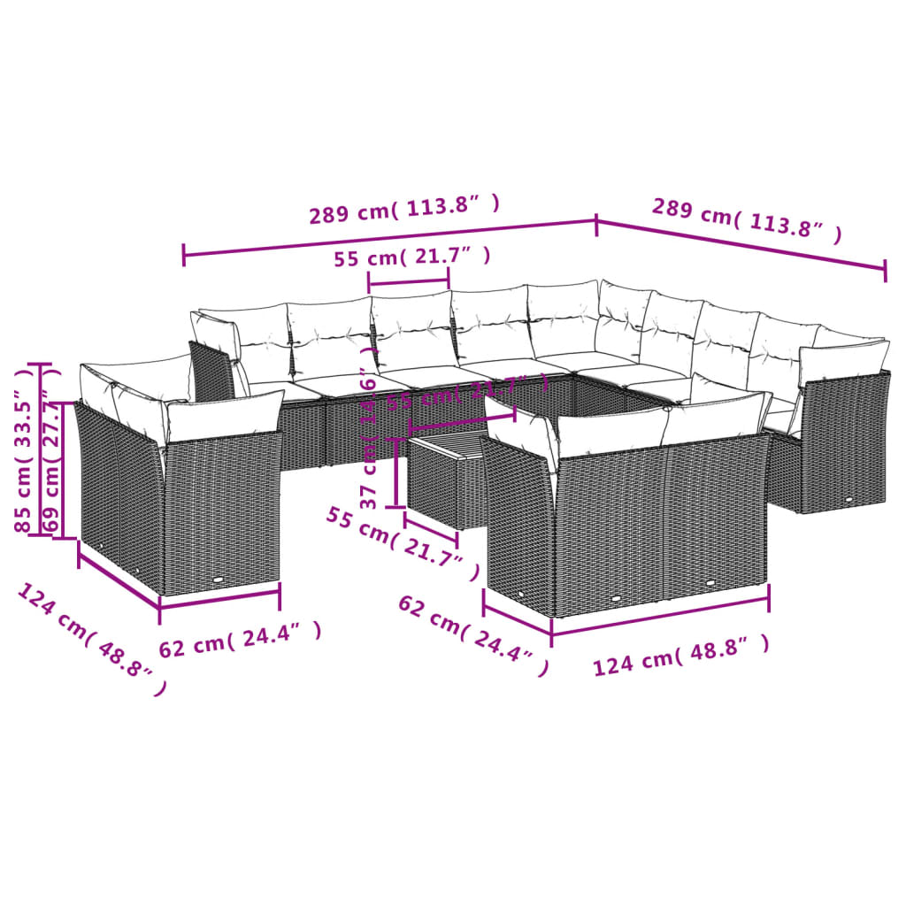 vidaXL 14 pcs conjunto de sofás p/ jardim com almofadões vime PE bege