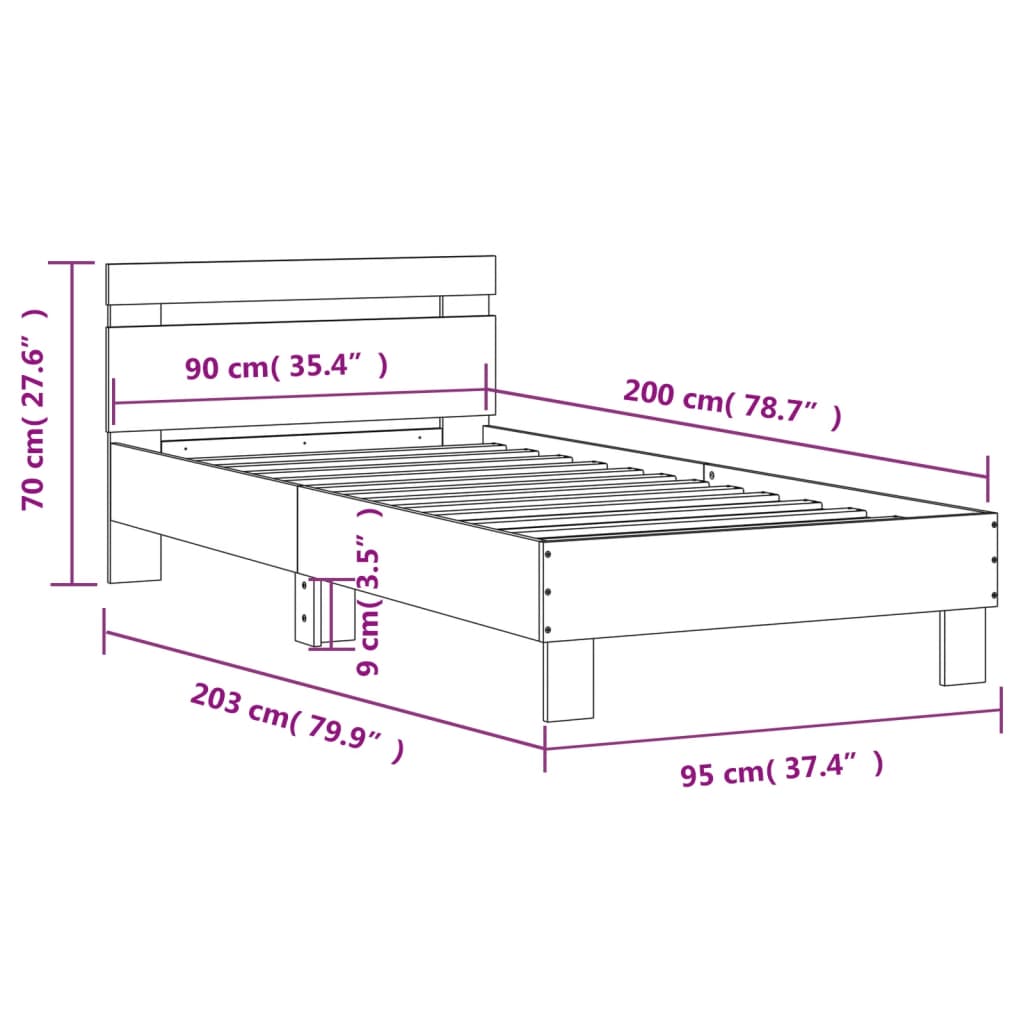 vidaXL Estrutura cama c/ cabeceira/luzes LED 90x200 cm carvalho sonoma