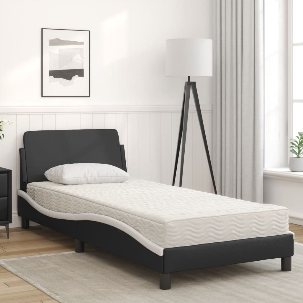 vidaXL Cama com colchão 90x190 cm couro artificial preto e branco