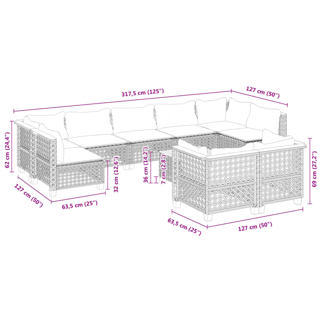 vidaXL 10 pcs conjunto sofás de jardim c/ almofadões vime PE preto