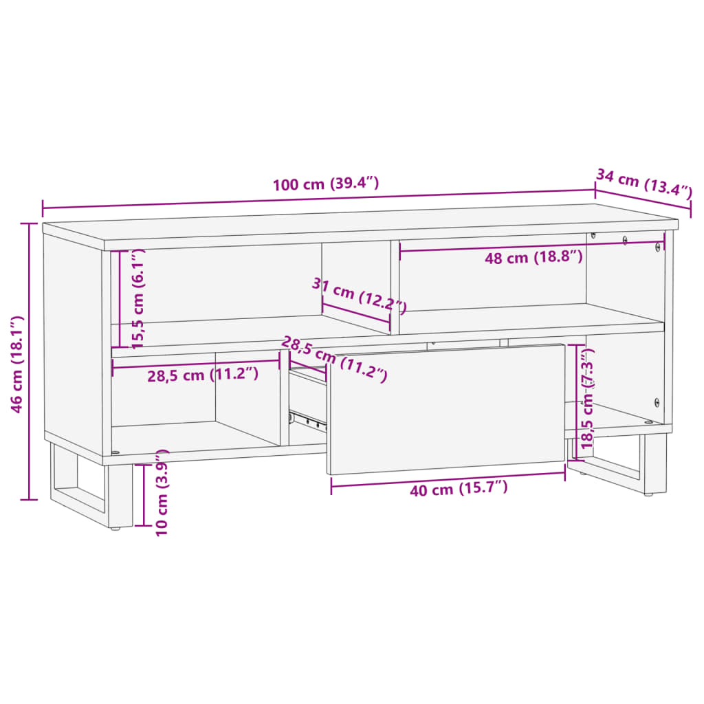 vidaXL Móvel de TV 100x34x46 cm madeira de mangueira maciça castanho