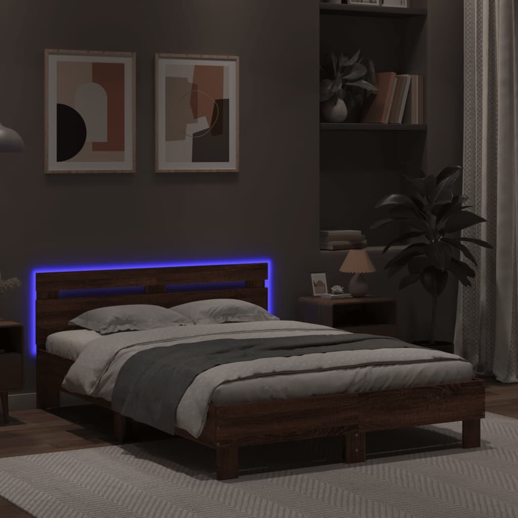 vidaXL Estrutura cama cabeceira/luzes LED 135x190 cm carvalho castanho