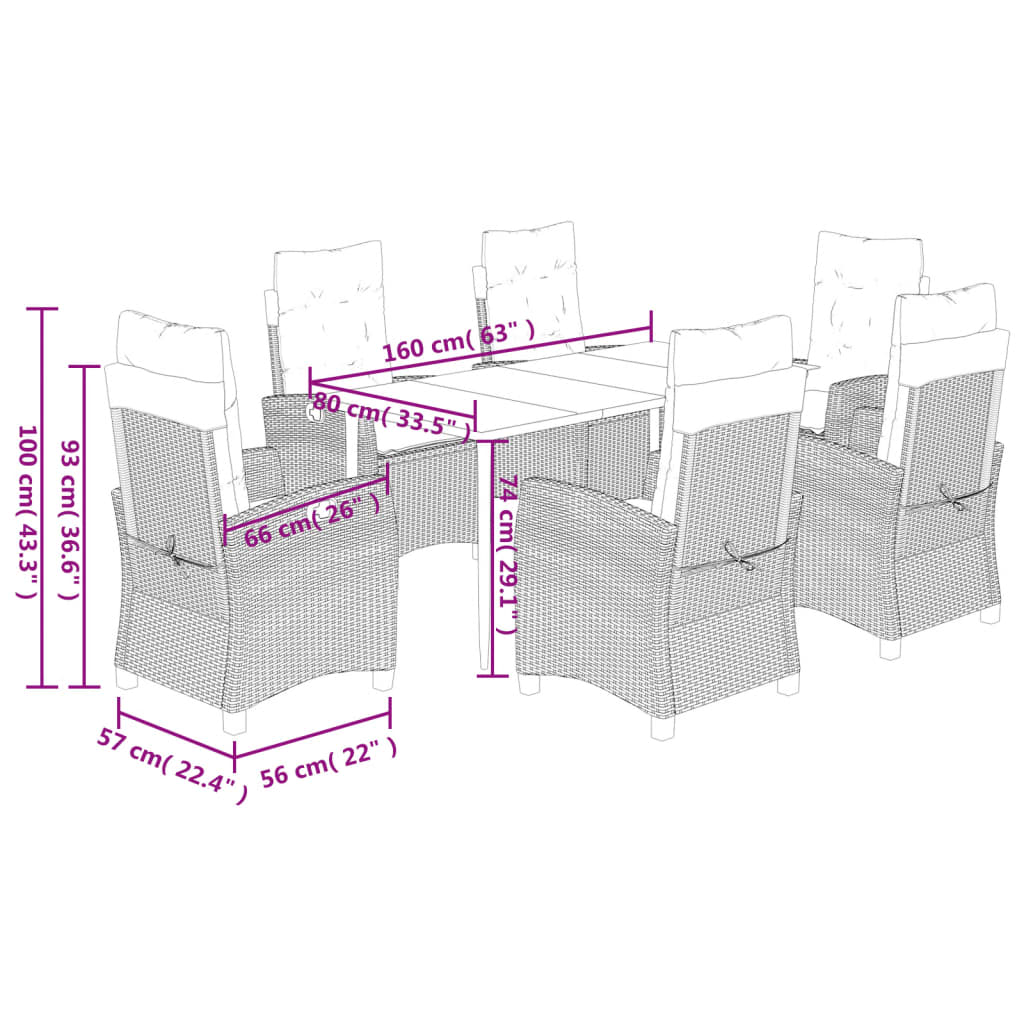 vidaXL 7 pcs conjunto jantar p/ jardim c/ almofadões vime PE castanho