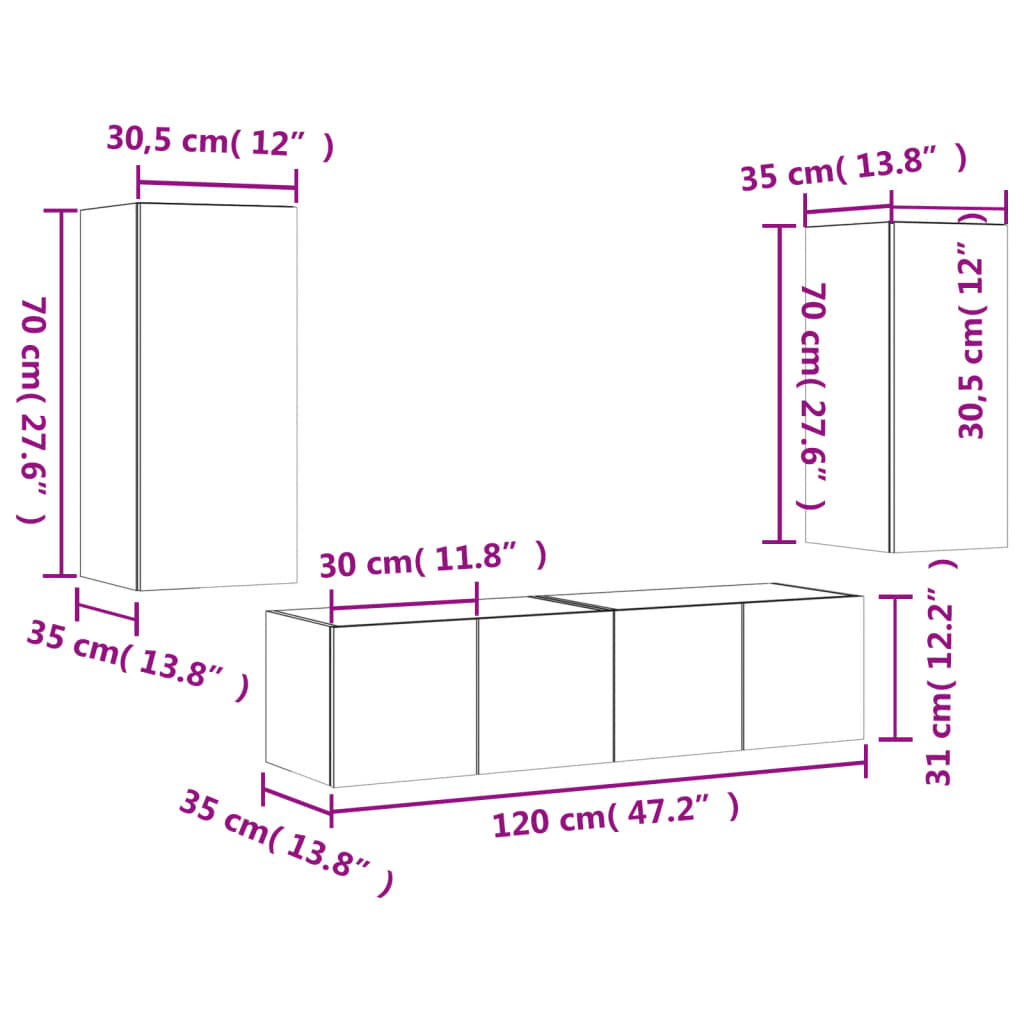 vidaXL 4 pcs móveis de parede p/ TV c/ LEDs derivados de madeira preto