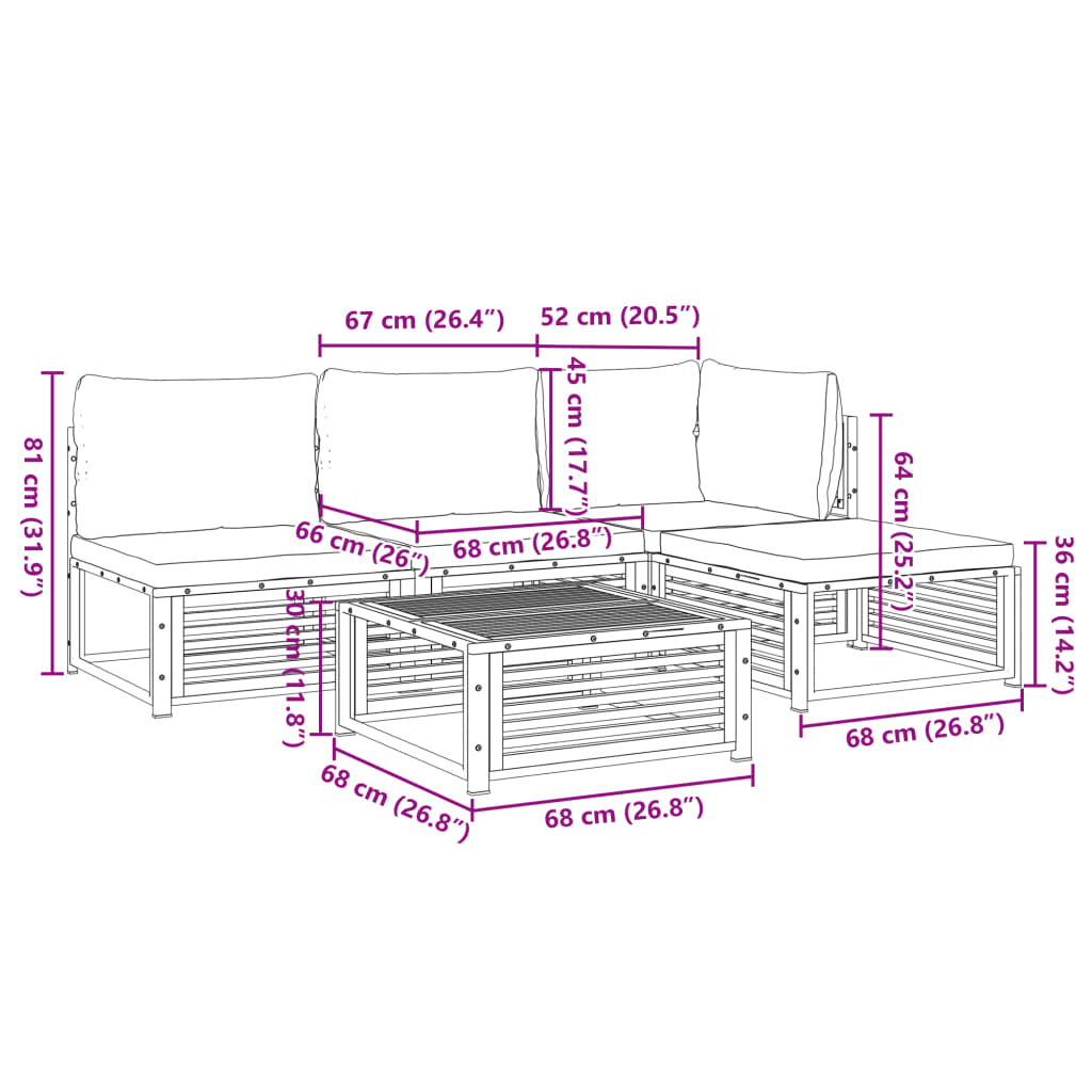 vidaXL 5 pcs conjunto de sofás de jardim com almofadões acácia maciça