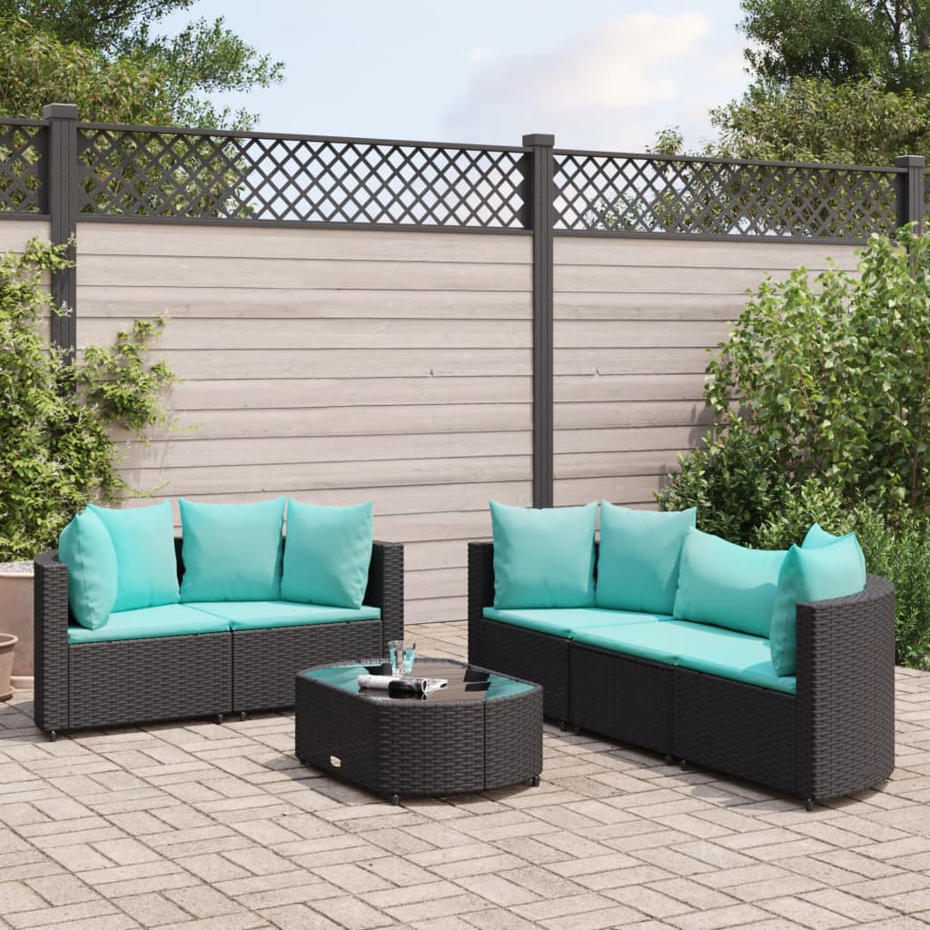 vidaXL 6 pcs conjunto sofás de jardim c/ almofadões vime PE preto