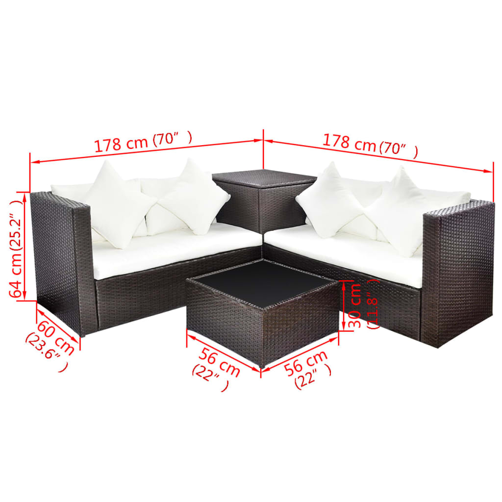 vidaXL 4 pcs conjunto lounge jardim c/ almofadões vime PE castanho