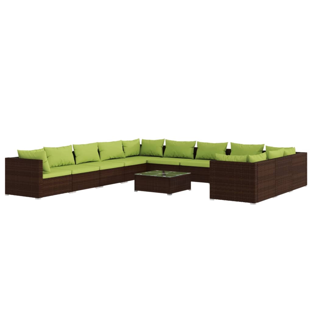 vidaXL 12 pcs conjunto lounge de jardim c/ almofadões vime PE castanho