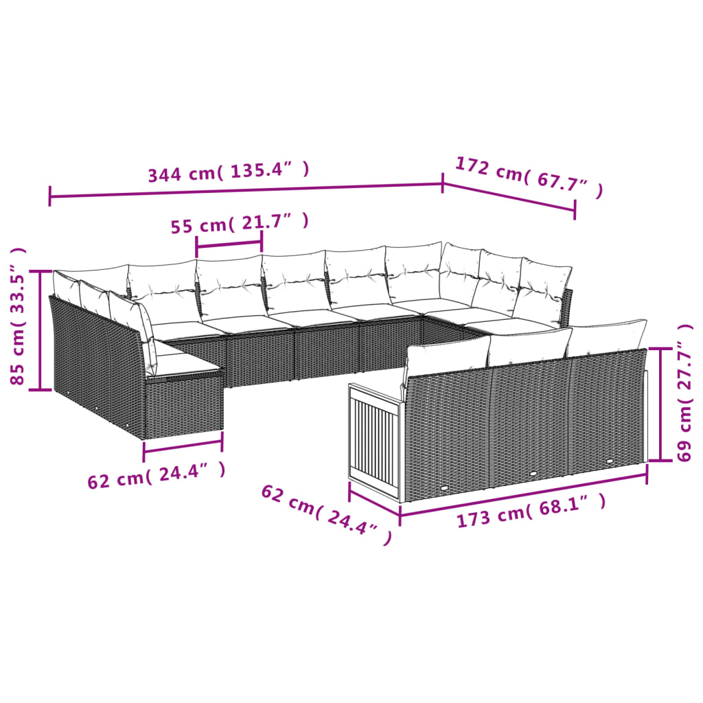 vidaXL 13 pcs conjunto de sofás p/ jardim com almofadões vime PE bege