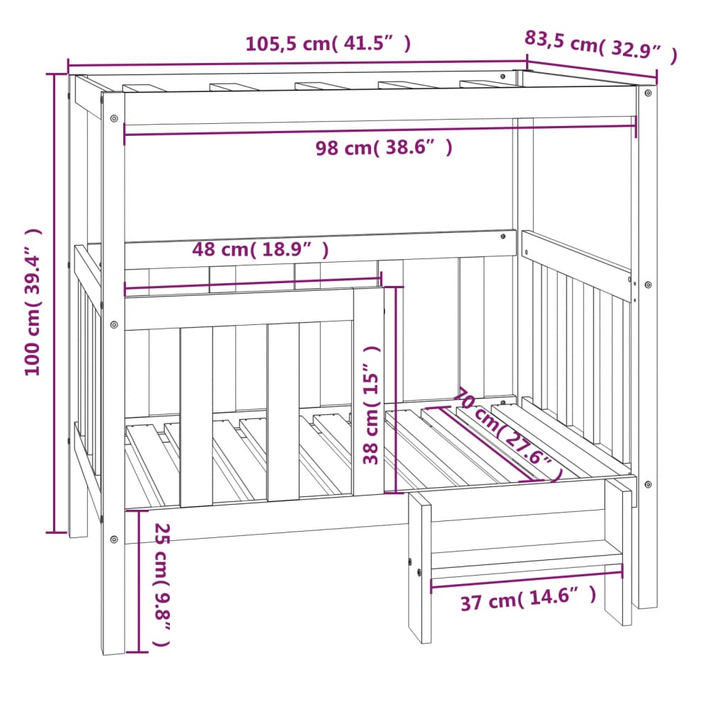 vidaXL Cama para cães 105,5x83,5x100 cm madeira de pinho maciça preto