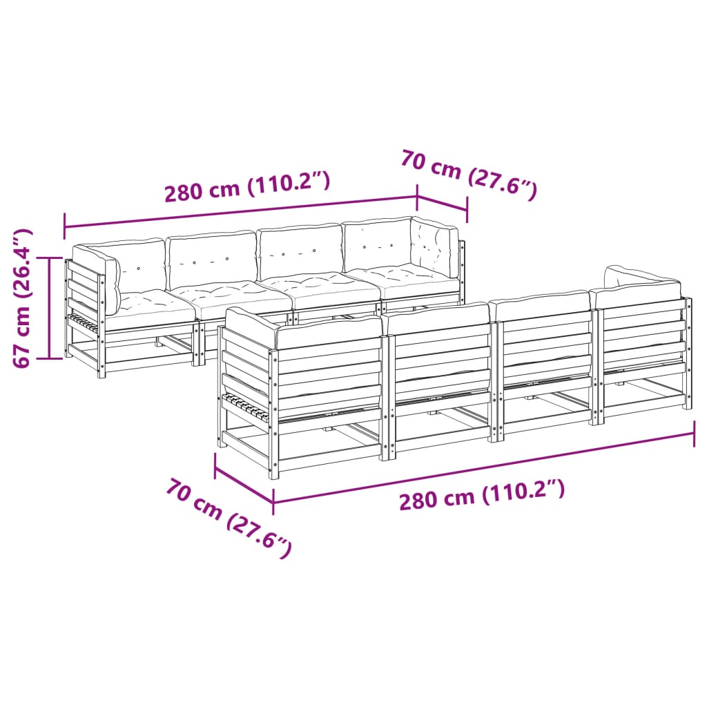 vidaXL 9 pcs conjunto sofás de jardim com almofadões pinho maciço