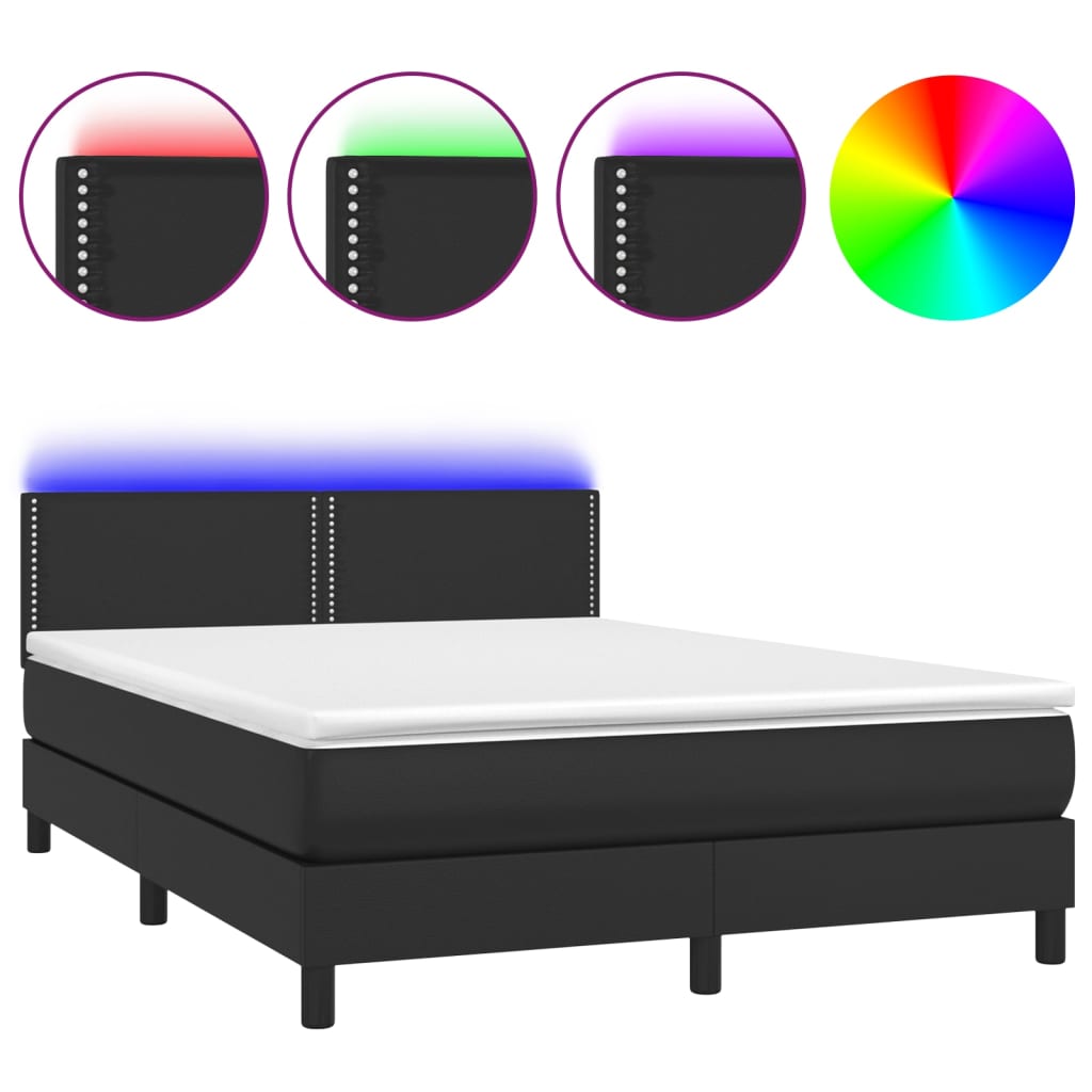 vidaXL Cama box spring c/ colchão/LED 140x200cm couro artificial preto