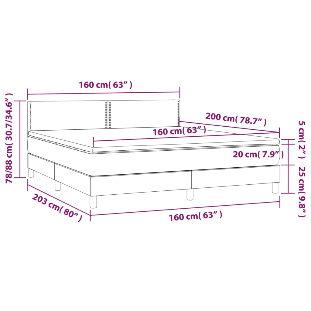 vidaXL Cama box spring c/ colchão e LED 160x200 cm tecido cinza-escuro