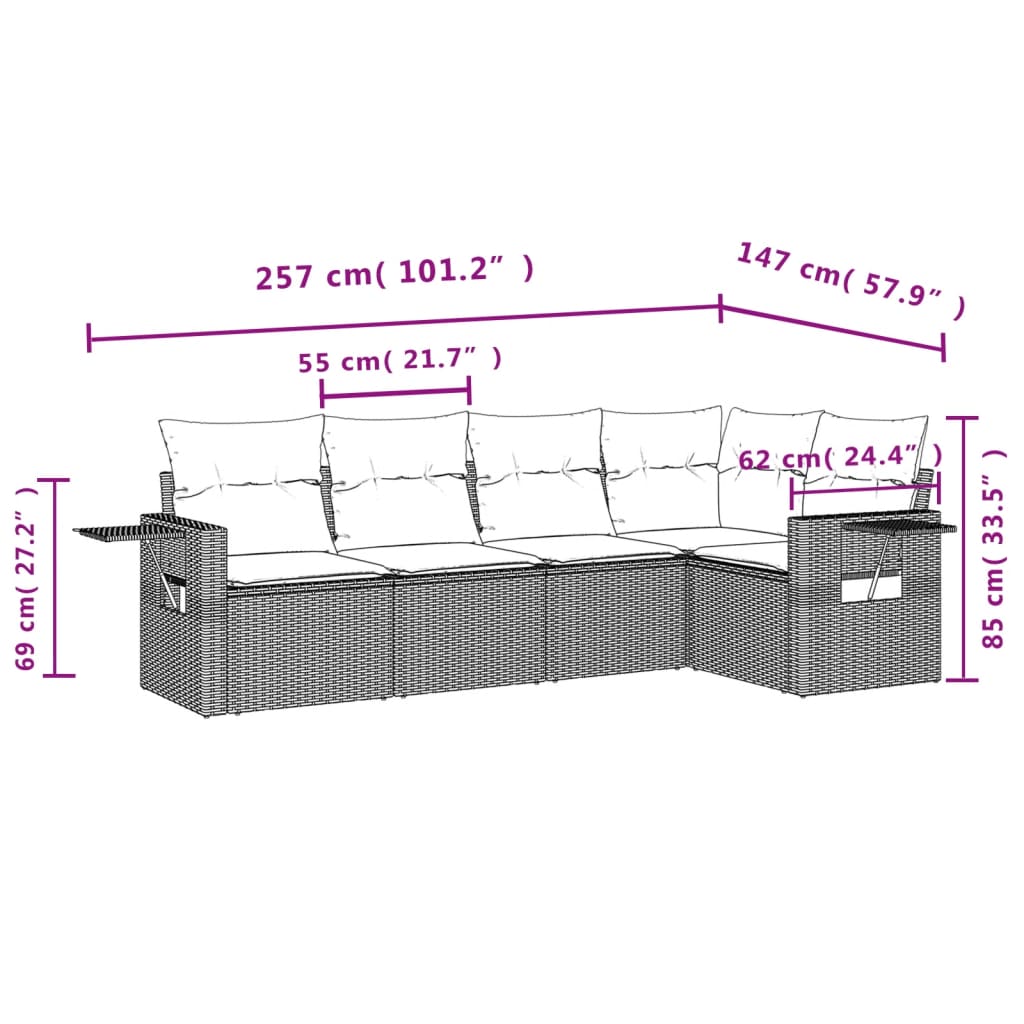 vidaXL 5 pcs conjunto sofás p/ jardim c/ almofadões vime PE castanho