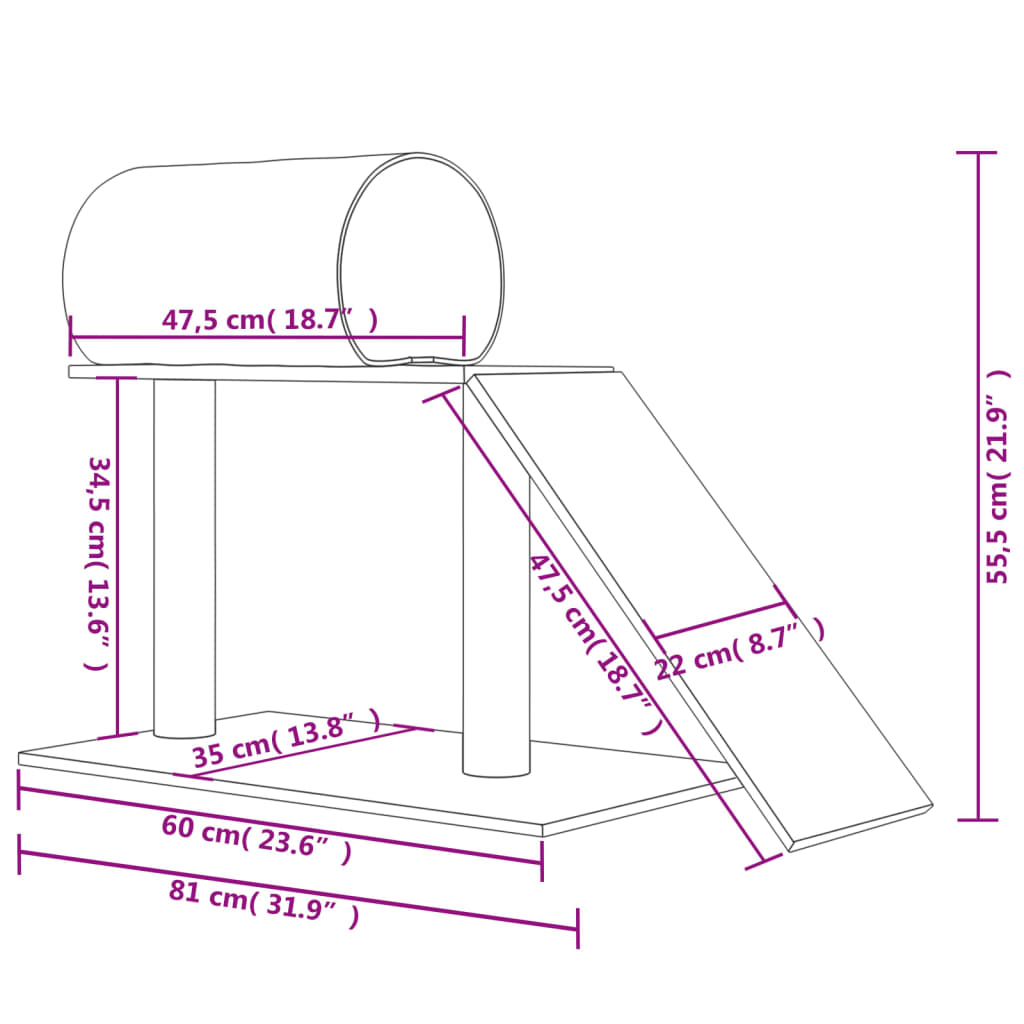 vidaXL Postes arranhadores p/ gatos c/ túnel e escada 55,5 cm creme